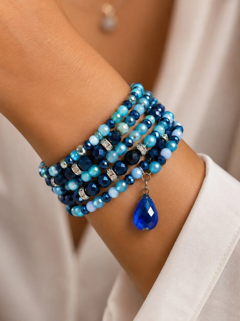 Beaded Wrap Bracelet with Blue Teardrop Charm Hand Crafted